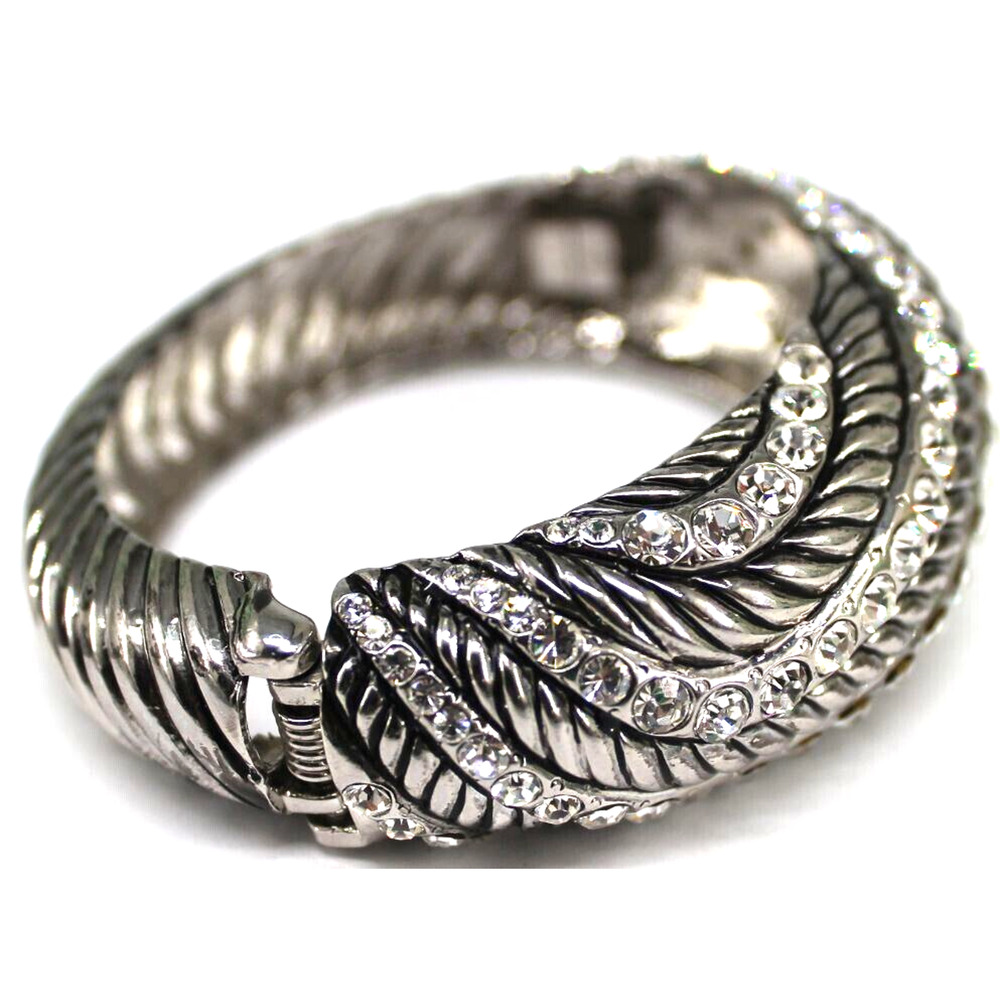 Stunning Rhinestone Silvertone Cuff Bracelet Wave… - image 2